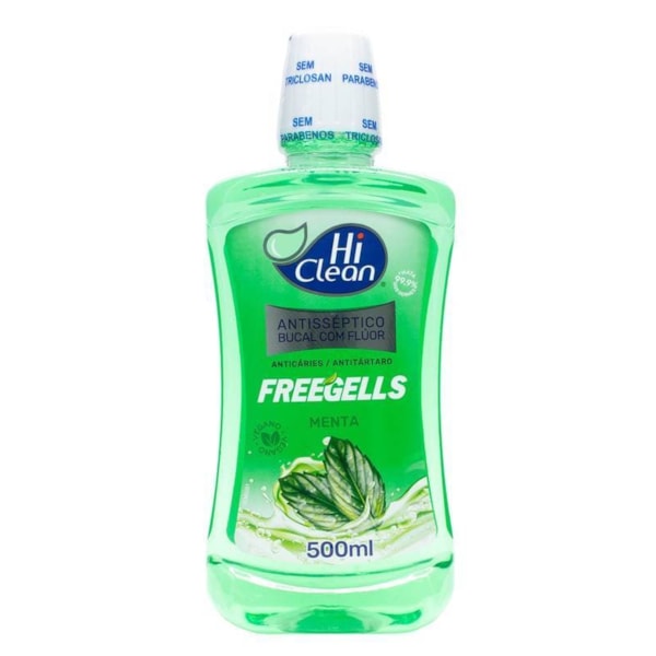 Antisséptico Bucal c/ Flúor Freegells Sabor Menta Vegano 500ml Hi Clean