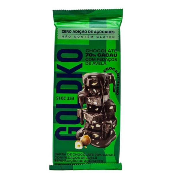 Barra de Chocolate 70% Cacau c/ Pedaços de Avelã Zero 80g Goldko