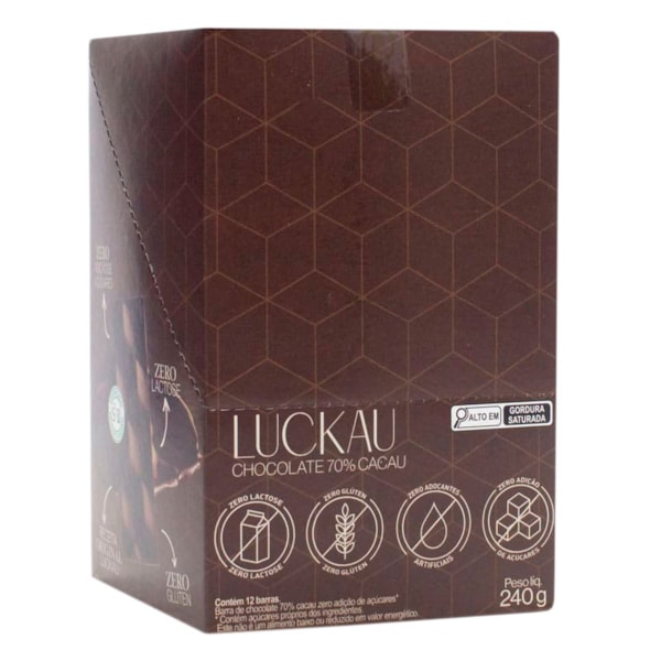 Barra De Chocolate 70% Zero Açúcar S/ Glúten Display 12X20g Luckau