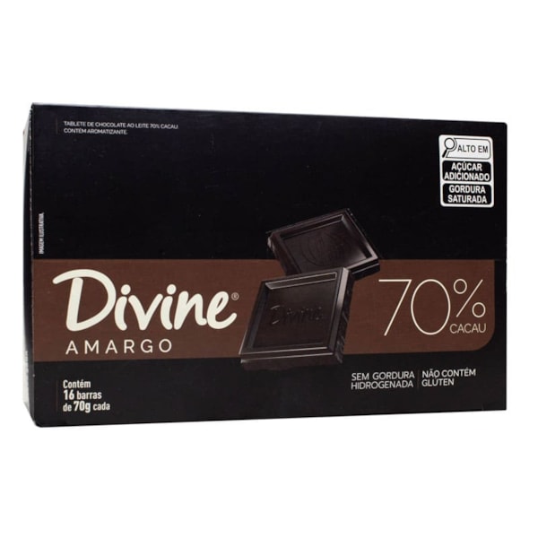 Barra De Chocolate Amargo 70% Cacau S/ Glúten Display 16X70g Divine