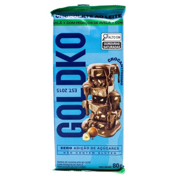 Barra de Chocolate Ao Leite c/ Pedaços de Avelã Zero 80g Goldko