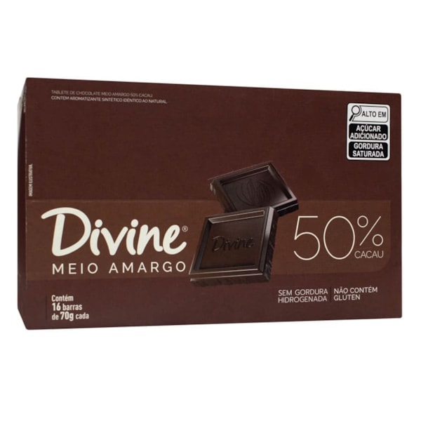 Barra De Chocolate Meio Amargo 50% Cacau S/ Glúten Display 16X70g Divine