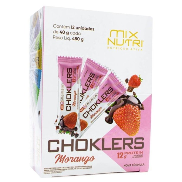 Barra De Proteína Choklers Sabor Morango C/ Nibs De Cacau Display 12x40g Mix Nutri