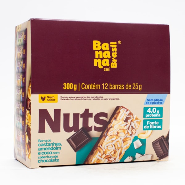 Barra Nuts Castanhas, Amendoim, Coco C/ Cobertura De Choc Display 12X25g Banana Brasil