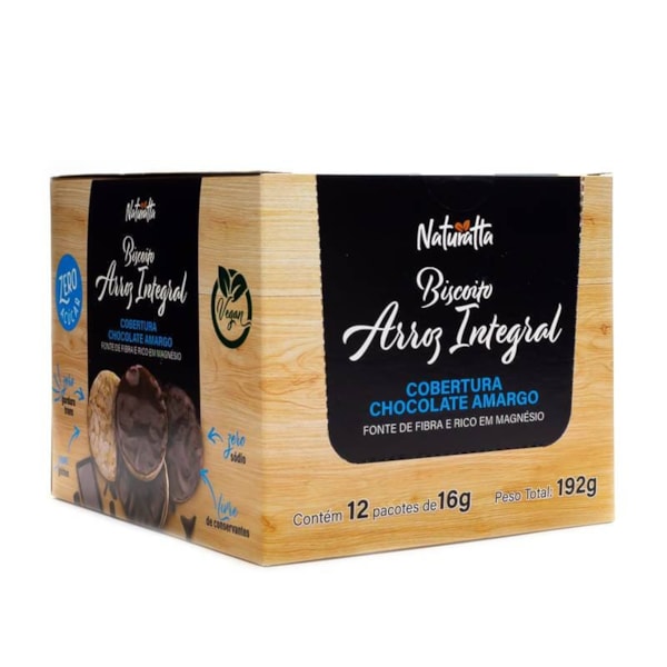 Biscoito de Arroz Integral c/ Cobertura Chocolate Amargo Zero Açúcar Display 12x16g Naturatta