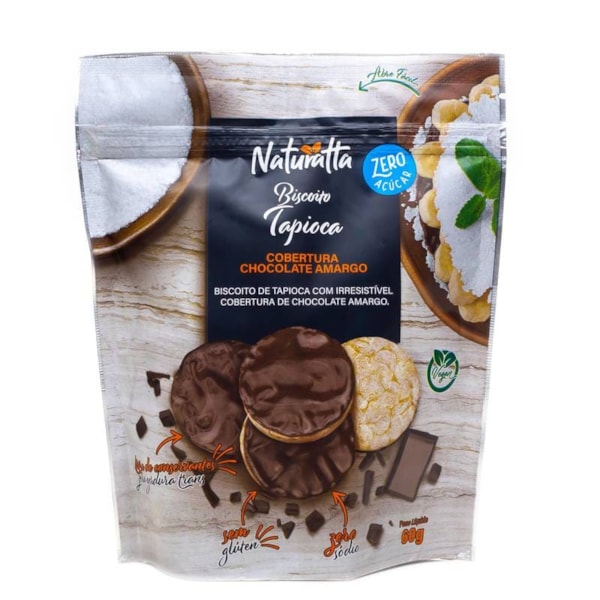 Biscoito de Tapioca com Cobertura de Chocolate Amargo Zero Açucar 60g Naturatta