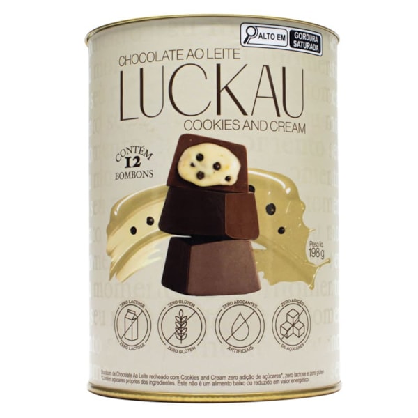 Bombom Ao Leite Com Creme De Cookies And Cream Zero Açúcar S/ Glúten Lata Luckau