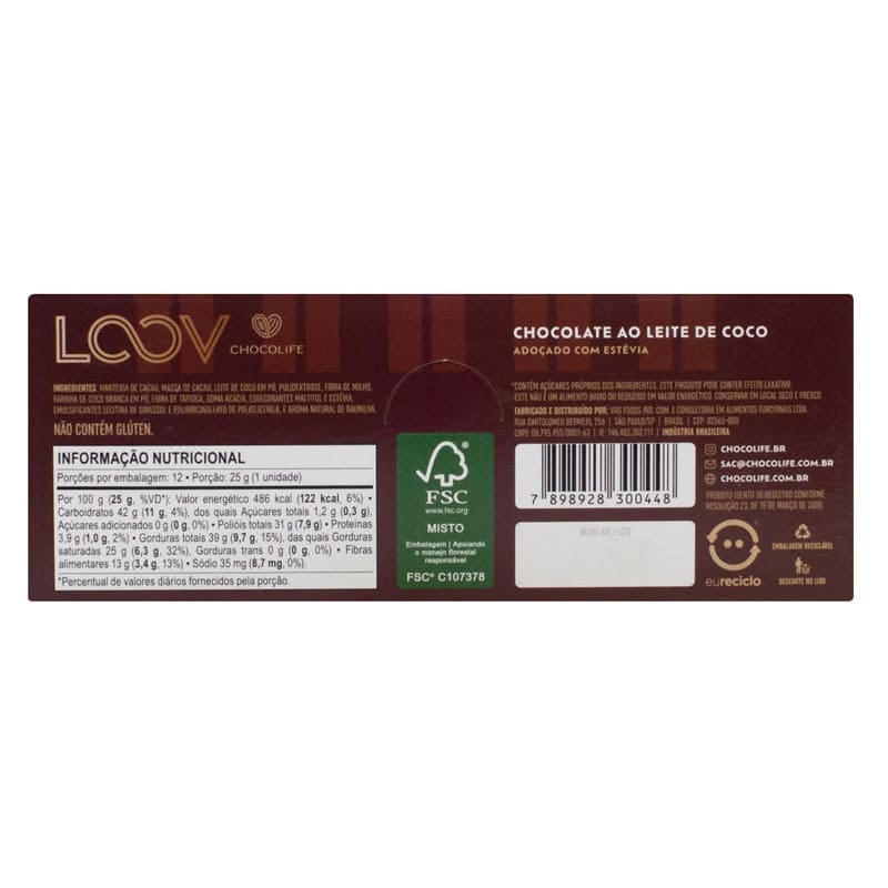 Chocolate Loov ao Leite de Coco Display 12x25g - Chocolife