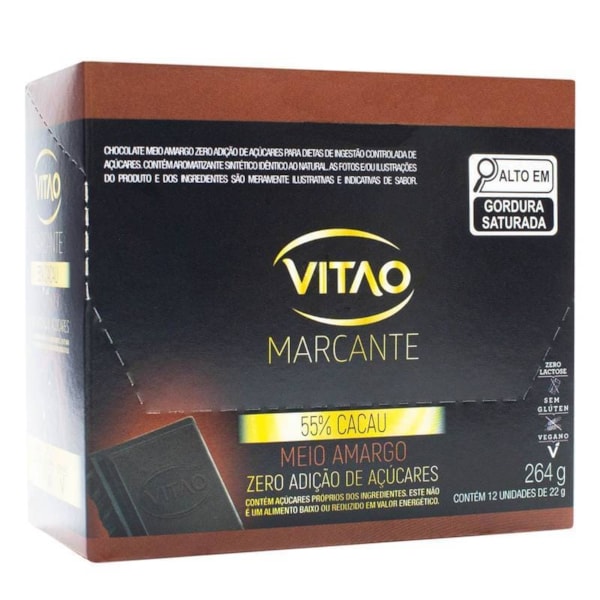 Chocolate Meio Amargo Zero Açúcar Display 24x22g Vitao