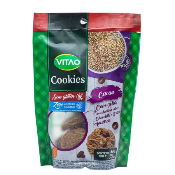 Cookies Zero Açúcares/Glúten de Cacau c/ Gotas de Chocolate e Grãos Ancestrais 80g Vitao